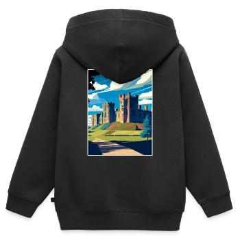 Château d’Alnwick, Angleterre, Illustration de voyage vintage - Sweat Premium à capuche zippé enfant bio - noir - Dos - AI Model Kid Male (0cm)