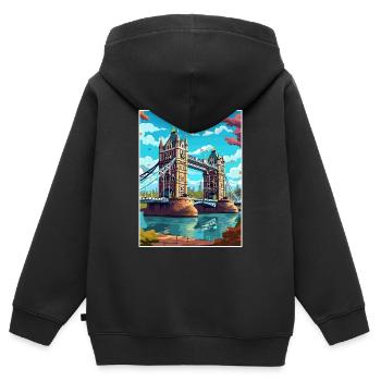 Tower Bridge Angleterre Vintage voyage affiche WPA Art - Sweat Premium à capuche zippé enfant bio - noir - Dos - AI Model Kid Male (0cm)