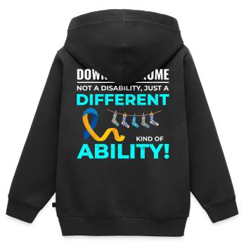 Sensibilisation au syndrome de Down Capacité différente - Sweat Premium à capuche zippé enfant bio - noir - Dos - AI Model Kid Male (0cm)