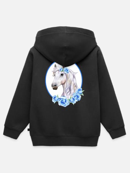 Cheval Blanc Romantique - Roses Bleu Clair - Sweat Premium à capuche zippé enfant bio - noir