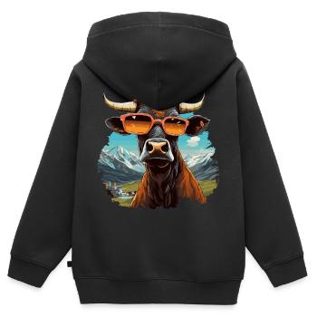 Vache cool en lunettes de soleil dans un paysage de montagne - Sweat Premium à capuche zippé enfant bio - noir - Dos - AI Model Kid Male (0cm)