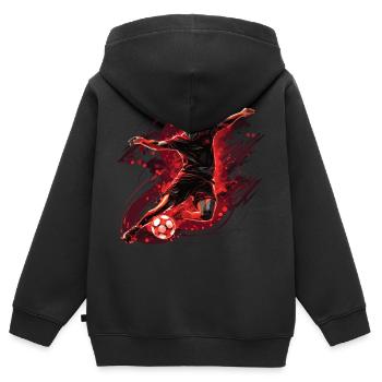 Ein Fußballer in einer dynamischen Aktion mit einem Torschuss. - Kinder Premium Organic Zip Hoodie - Schwarz - Hinten - AI Model Kid Male (0cm)