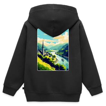 Vallée du Rhin Allemagne Affiche de voyage vintage - Sweat Premium à capuche zippé enfant bio - noir - Dos - AI Model Kid Male (0cm)