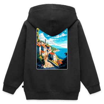 Affiche de voyage vintage Ston Croatie WPA Souvenir - Sweat Premium à capuche zippé enfant bio - noir - Dos - AI Model Kid Male (0cm)