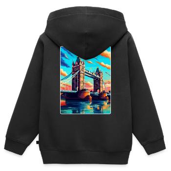 Tower Bridge Angleterre Royaume-Uni Affiche de voyage vintage WPA - Sweat Premium à capuche zippé enfant bio - noir - Dos - AI Model Kid Male (0cm)