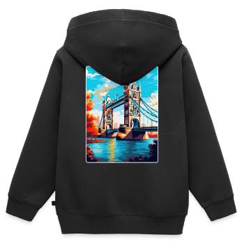 Tower Bridge Angleterre Royaume-Uni Affiche de voyage Souvenir WPA - Sweat Premium à capuche zippé enfant bio - noir - Dos - AI Model Kid Male (0cm)