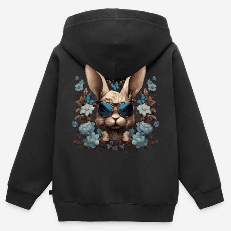 Lapin cool avec des fleurs - Sweat Premium à capuche zippé enfant bio - noir