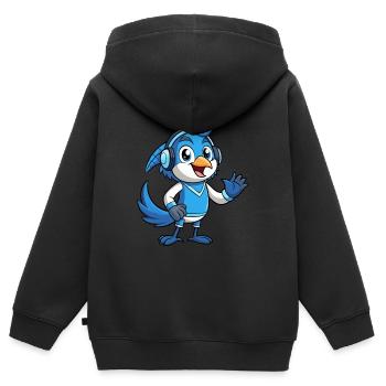 Blue Jay drôle dessin animé personnage casque musique - Sweat Premium à capuche zippé enfant bio - noir - Dos - AI Model Kid Male (0cm)