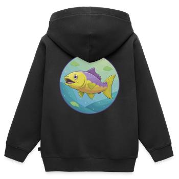 Saumon mignon Kawaii dessin animé Clipart Animal de compagnie - Sweat Premium à capuche zippé enfant bio - noir - Dos - AI Model Kid Male (0cm)