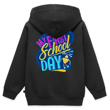Scolarisation des écoliers - Sweat Premium à capuche zippé enfant bio - noir - Dos - AI Model Kid Male (0cm)
