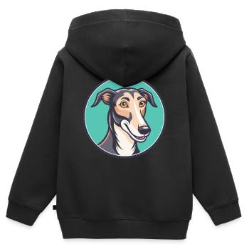 Lurcher chien race dessin animé personnage Kawaii Clipart - Sweat Premium à capuche zippé enfant bio - noir - Dos - AI Model Kid Male (0cm)