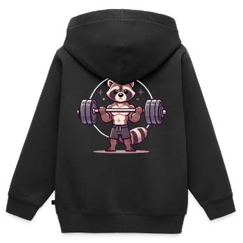 Muskulöser Waschbär beim Gewichtheben - Kinder Premium Organic Zip Hoodie - Schwarz - Hinten - AI Model Kid Male (0cm)