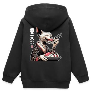 Un chat Sphynx heureux en kimono sushi - Sweat Premium à capuche zippé enfant bio - noir - Dos - AI Model Kid Male (0cm)