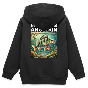 Jeune femelle pêcheuse perche pêcheur motif - Sweat Premium à capuche zippé enfant bio - noir - Dos - AI Model Kid Male (0cm)