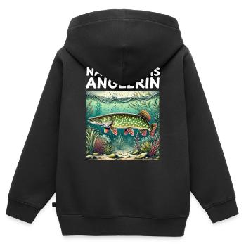 Jeune pêcheur - Motif brochet - Sweat Premium à capuche zippé enfant bio - noir - Dos - AI Model Kid Male (0cm)