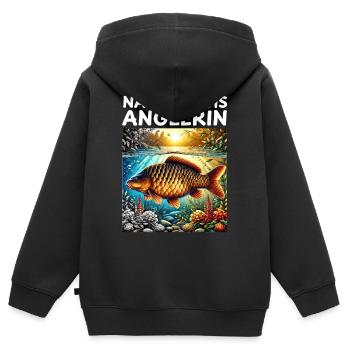 Jeune pêcheur - Motif carpe - Sweat Premium à capuche zippé enfant bio - noir - Dos - AI Model Kid Male (0cm)