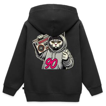 90 Ghetto Blaster British Shorthair chat cadeau - Sweat Premium à capuche zippé enfant bio - noir - Dos - AI Model Kid Male (0cm)