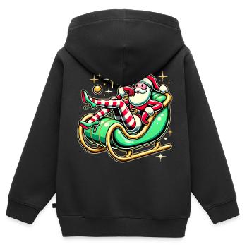 Frecher Weihnachtsmann, der sich auf dem Schlitten räkelt - Kinder Premium Organic Zip Hoodie - Schwarz - Hinten - AI Model Kid Male (0cm)