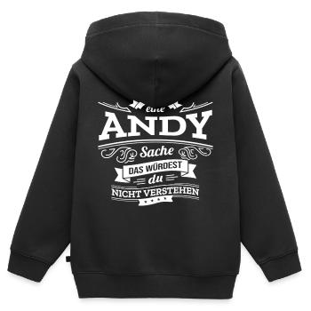 ANDY, DER KATALYSATOR FÜR DEINEN ERFOLG - Kinder Premium Organic Zip Hoodie - Schwarz - Hinten - AI Model Kid Male (0cm)