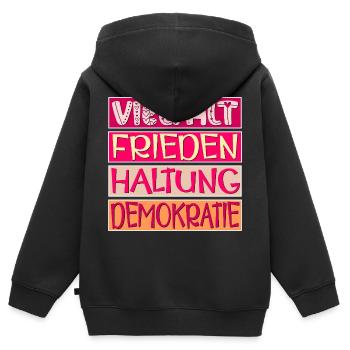 VIELFALT FRIEDEN HALTUNG DEMOKRATIE - Kinder Premium Organic Zip Hoodie - Schwarz - Hinten - AI Model Kid Male (0cm)