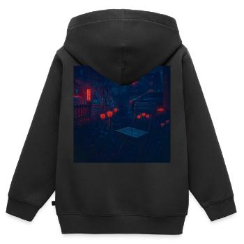 Cour avant futuriste – Cyberpunk et néon - Sweat Premium à capuche zippé enfant bio - noir - Dos - AI Model Kid Male (0cm)