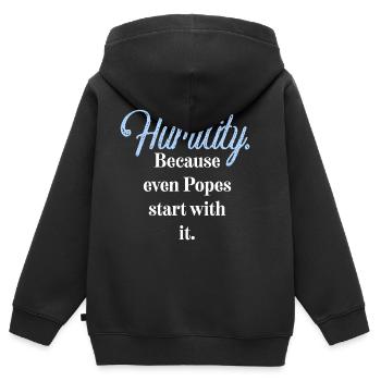 Humilité. Parce que même les papes commencent par elle. - Sweat Premium à capuche zippé enfant bio - noir - Dos - AI Model Kid Male (0cm)