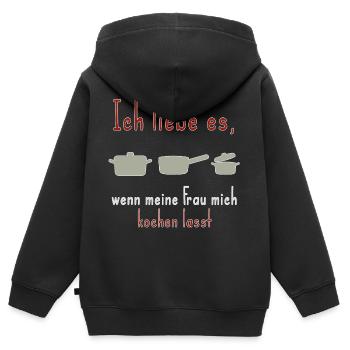 Mann kocht Spruch meine Frau - Kinder Premium Organic Zip Hoodie - Schwarz - Hinten - AI Model Kid Male (0cm)
