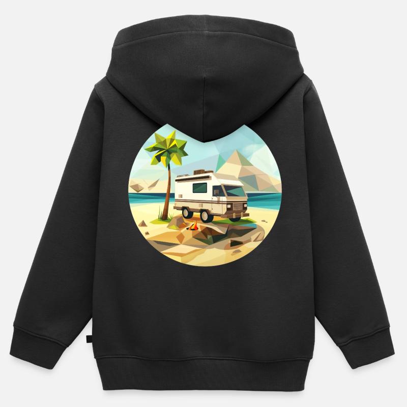 Camping à l’ancienne – Moderne dans un look low poly - Sweat Premium à capuche zippé enfant bio - noir