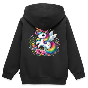 Regenbogen Fleur Einhorn - Kinder Premium Organic Zip Hoodie - Schwarz - Hinten - AI Model Kid Male (0cm)