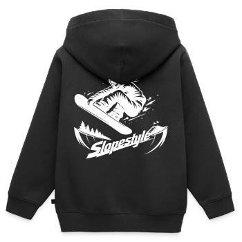 Action de snowboard en slopestyle en montagne - Sweat Premium à capuche zippé enfant bio - noir - Dos - AI Model Kid Male (0cm)
