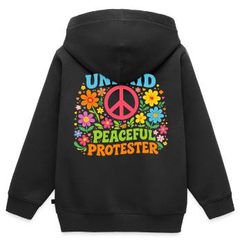 Manifestation pacifique non rémunérée Retro Flowers - Sweat Premium à capuche zippé enfant bio - noir - Dos - AI Model Kid Male (0cm)