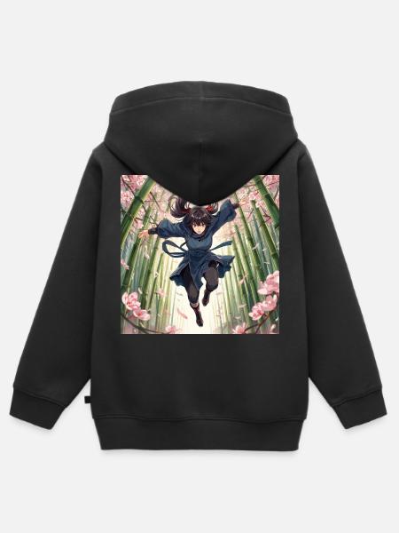 Héroïne de bambou sur le chemin des cerisiers en fleurs - Sweat Premium à capuche zippé enfant bio - noir