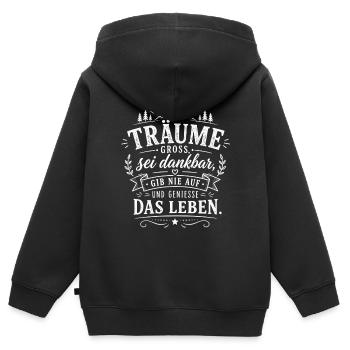Träume Groß – Dankbarkeit & Lebensfreude - Kinder Premium Organic Zip Hoodie - Schwarz - Hinten - AI Model Kid Male (0cm)