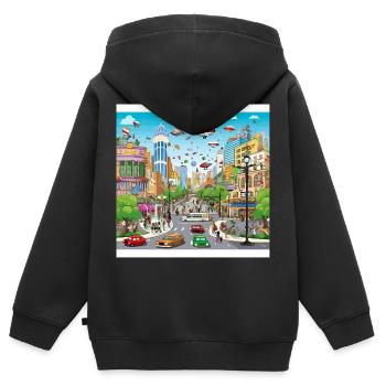 Futuristische Stadtflug-Parade - Kinder Premium Organic Zip Hoodie - Schwarz - Hinten - AI Model Kid Male (0cm)