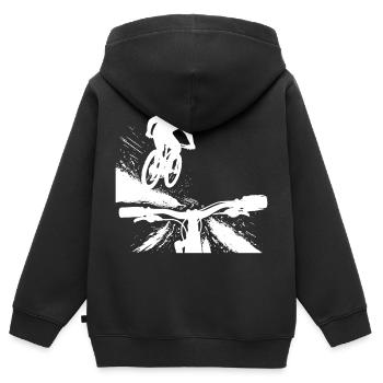 Point de vue du saut en descente en VTT - Conception de VTT - Sweat Premium à capuche zippé enfant bio - noir - Dos - AI Model Kid Male (0cm)