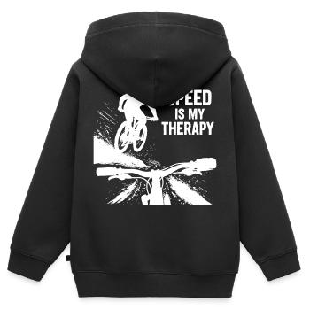 La vitesse est ma thérapie - Point de vue du saut en descente en VTT - Sweat Premium à capuche zippé enfant bio - noir - Dos - AI Model Kid Male (0cm)