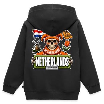 SkullCostume Édition Mondiale : Pays-Bas - Sweat Premium à capuche zippé enfant bio - noir - Dos - AI Model Kid Male (0cm)