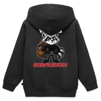 Pourquoi t-shirt si suspect Mascotte voleur-laveur drôle - Sweat Premium à capuche zippé enfant bio - noir - Dos - AI Model Kid Male (0cm)