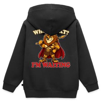 Wer ist als Nächstes dran? Ich warte, lustiges Löwen-Gladiatoren-Maskottchen - Kinder Premium Organic Zip Hoodie - Schwarz - Hinten - AI Model Kid Male (0cm)