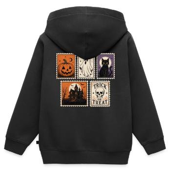 Halloween Gruslige Briefmarken Kürbis Geist Katze  - Kinder Premium Organic Zip Hoodie - Schwarz - Hinten - AI Model Kid Male (0cm)