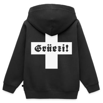 Grüezi (Schweiz / Fraktur / Schweizerfahne) - Kinder Premium Organic Zip Hoodie - Schwarz - Hinten - AI Model Kid Male (0cm)
