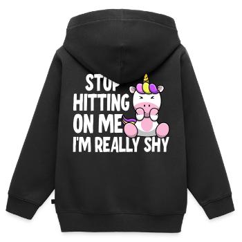 Arrêtez de me draguer, je suis timide - Sweat Premium à capuche zippé enfant bio - noir - Dos - AI Model Kid Male (0cm)