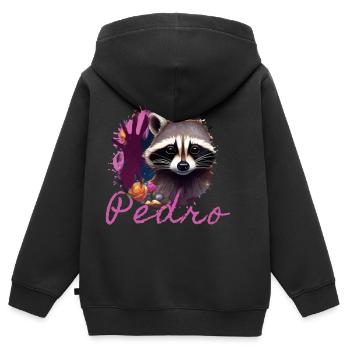 raton laveur,graffiti,gris, aquarelle,fleurs,pedro - Sweat Premium à capuche zippé enfant bio - noir - Dos - AI Model Kid Male (0cm)