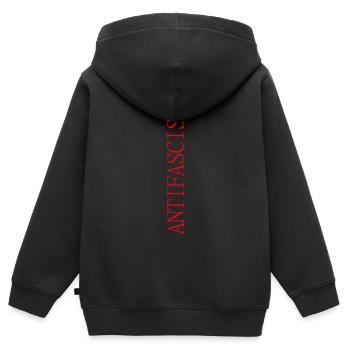 Lettrage antifasciste vertical en lettrage rouge - Sweat Premium à capuche zippé enfant bio - noir - Dos - AI Model Kid Male (0cm)