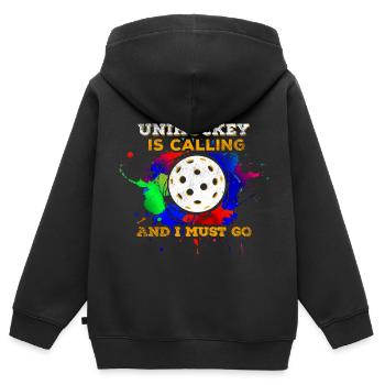 Unihockey - Kinder Premium Organic Zip Hoodie - Schwarz - Hinten - AI Model Kid Male (0cm)
