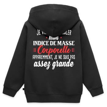 Petite femme. Cadeau humour surpoids obésité - Sweat Premium à capuche zippé enfant bio - noir - Dos - AI Model Kid Male (0cm)