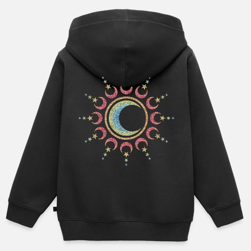 Soleil, Lune et Étoiles, Mandala, Symbole, Cosmos - Sweat Premium à capuche zippé enfant bio - noir