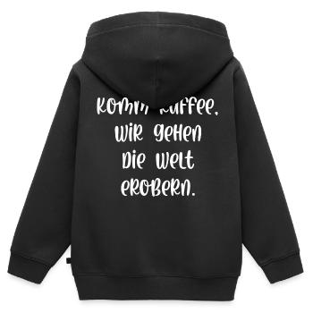 Komm Kaffee wir gehen die Welt erobern - Kinder Premium Organic Zip Hoodie - Schwarz - Hinten - AI Model Kid Male (0cm)