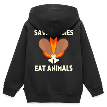 Gemüse sparen Tiere essen, Vegane Slogan-Parodie - Kinder Premium Organic Zip Hoodie - Schwarz - Hinten - AI Model Kid Male (0cm)