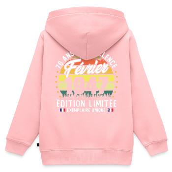 Vintage Cadeau Anniversaire 76 Ans Février 1947 - Sweat Premium à capuche zippé enfant bio - rose - Dos - AI Model Kid Female (0cm)
